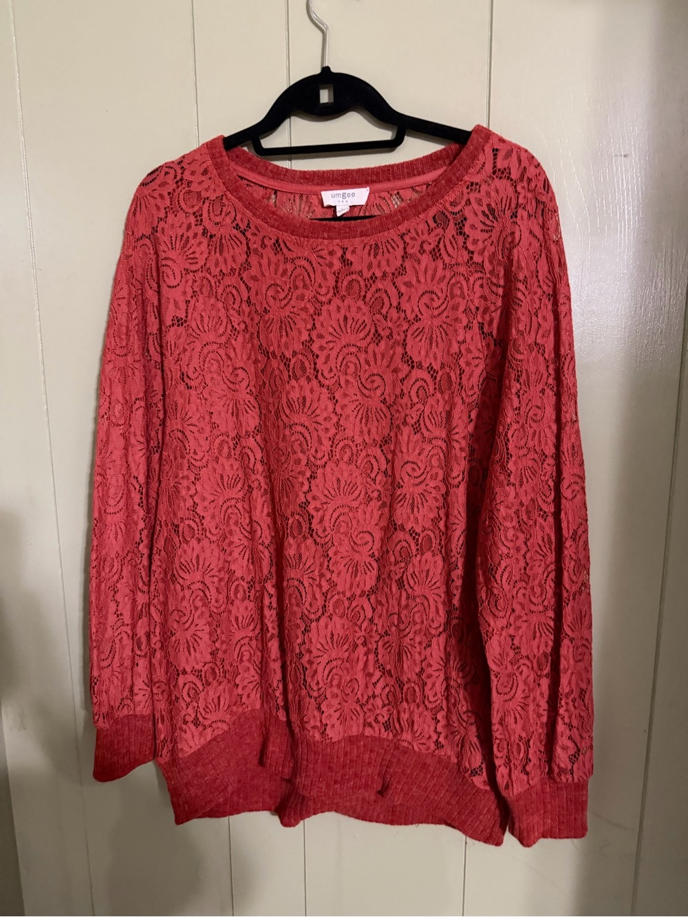 Umgee Coral Lace Knit Pullover Sweatshirt